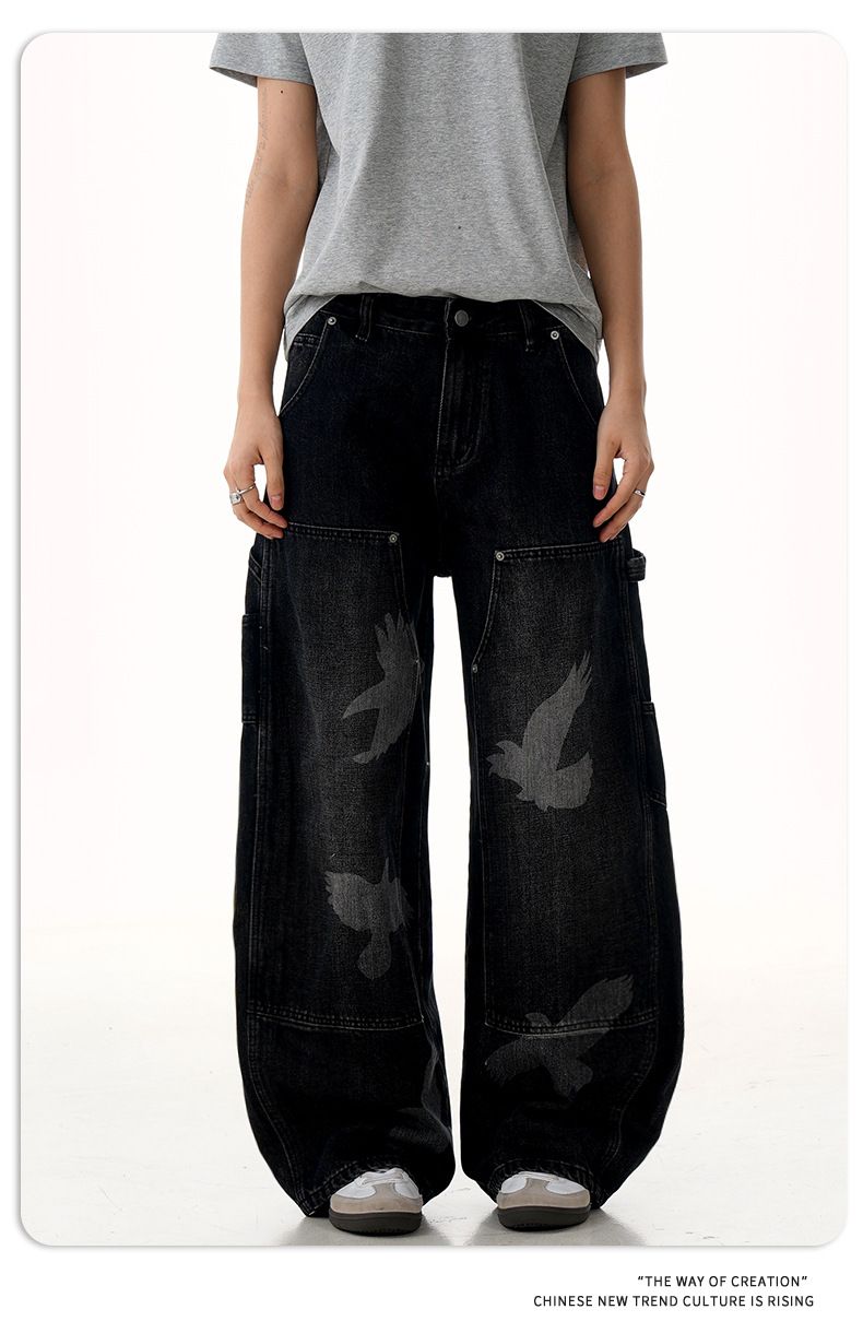 Jeans a sciabola con stampa piccione, taglie forti, da uomo, modello High Street, larghi, dal design casual_voghion.com