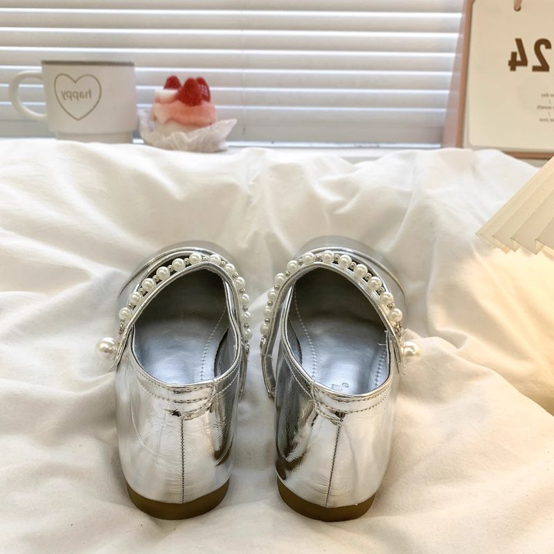 Silver French Pearl Mary Jane Small Leather Shoes Women's Spring And Autumn Versatile Retro Light Mouth Flat Bottom With Skirt_voghion.com