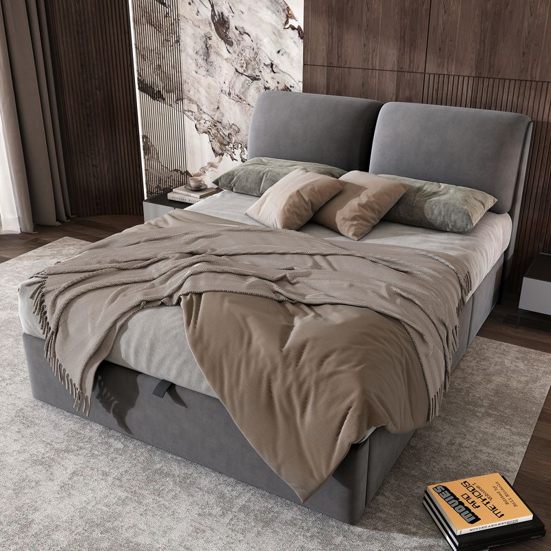 Cadre de lit coffre hydraulique rembourré en velours avec 3 tiroirs, sommier à lattes, tête de lit, 140 x 200 cm, gris, matelas non inclus_voghion.com