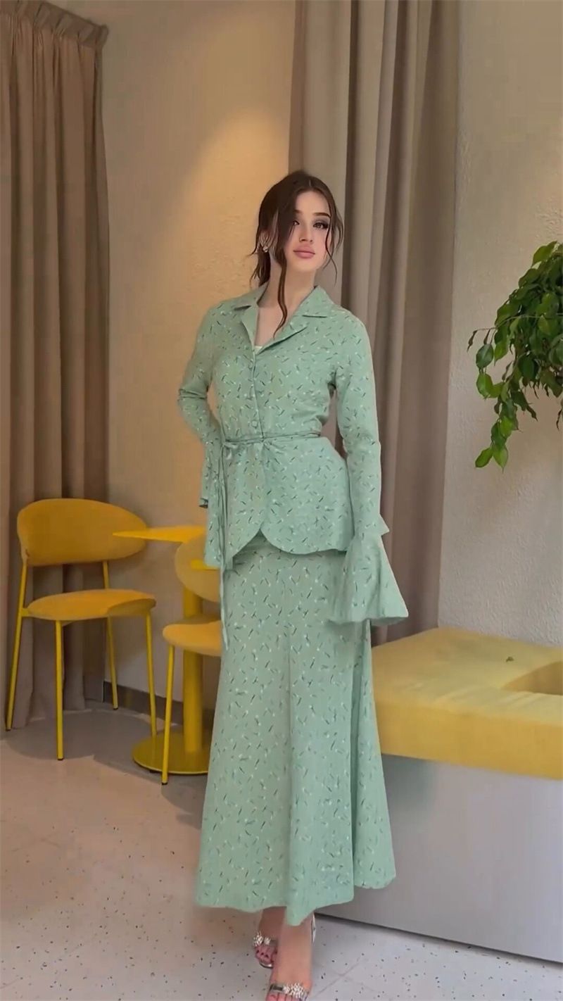 Frauen kleidung kleine floral hohe qualität taille lange-ärmeln top rock zwei-stück anzug_voghion.com