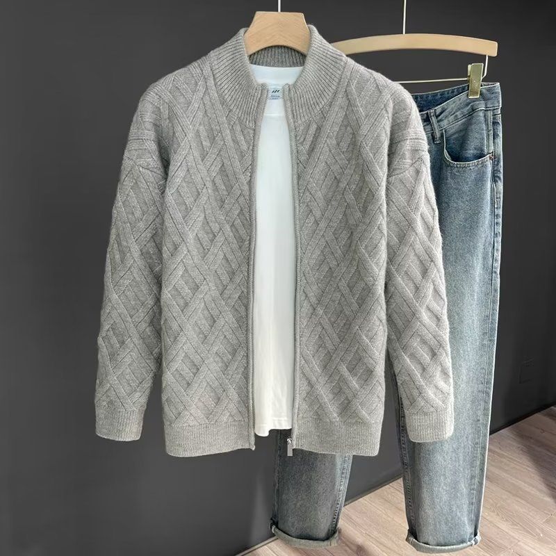 Giacca cardigan in maglia da uomo, con cerniera e collo alto, versatile capospalla in maglia per spostamenti in ufficio ed eventi informali_voghion.com