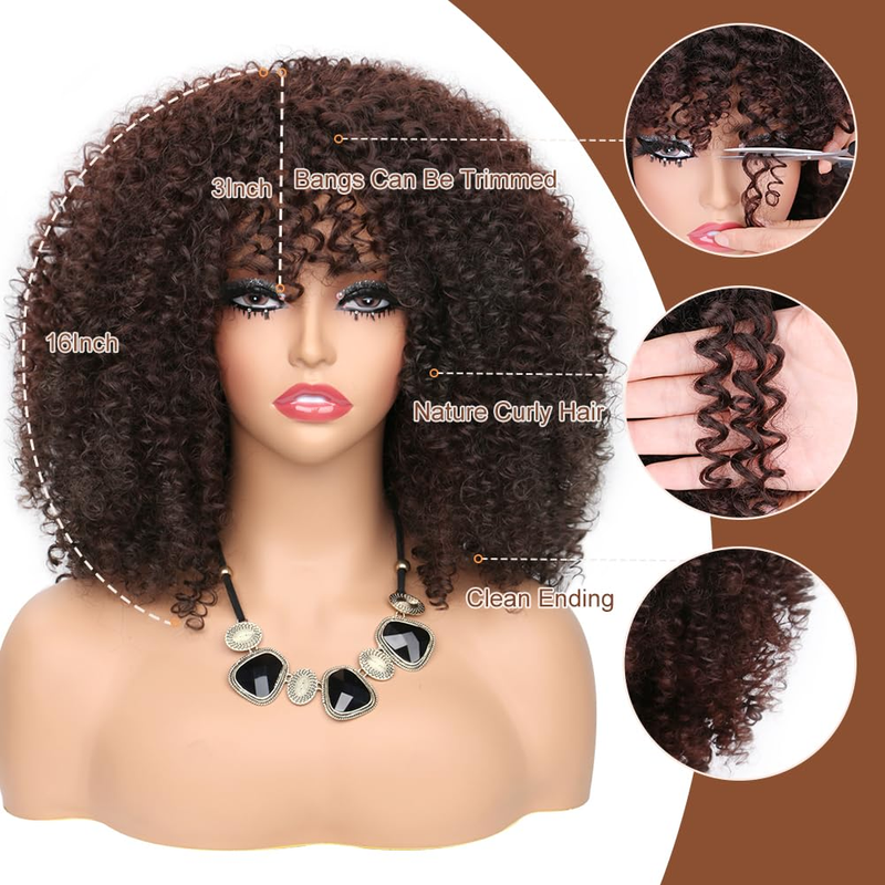 Synthetic Hairhair Short Afro with Bangs Natural 16Inch 290G Wig Kinky Curly Wigs for_voghion.com