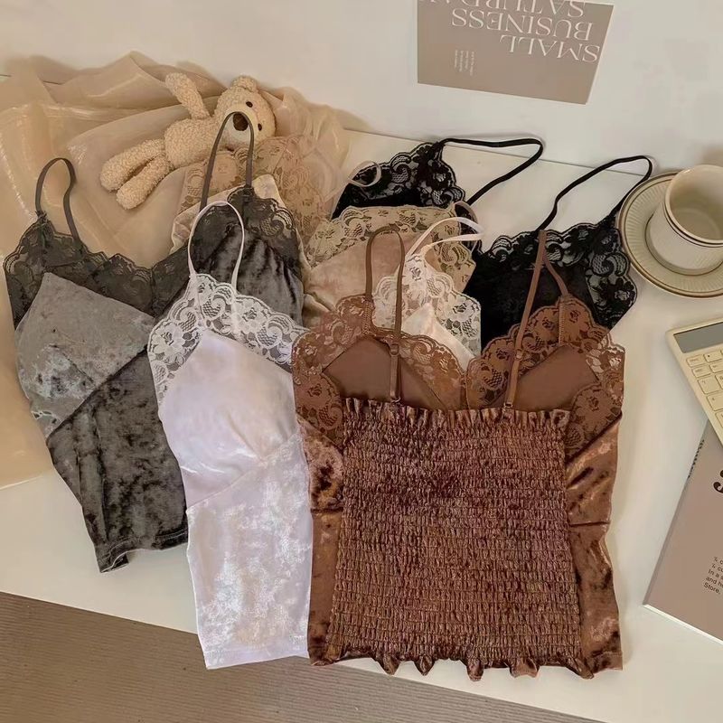 White Lace Patchwork Veet Spaghetti Straps Vest Women's Autumn And Winter Inner Wear Back Shaping Padded Underwear Basic_voghion.com