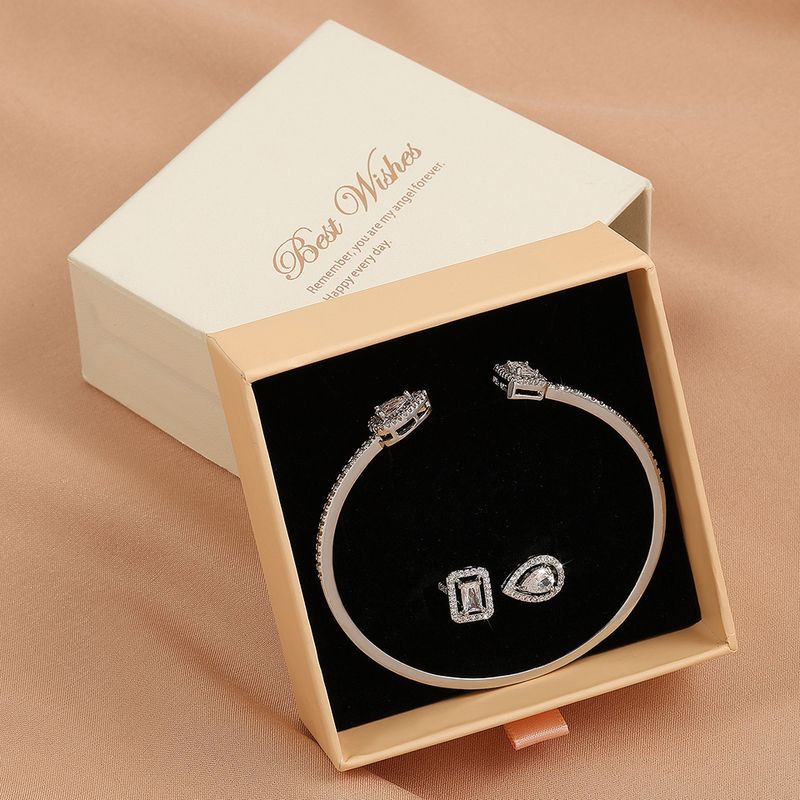 Bijuterii pentru damă, cu capăt deschis, în formă de lacrimă, cu diamante, cu zircon, brățară, inel, set de două piese, cu diamant pătrat de calitate superioară, bijuterii reglabile, bijuterii de mână_voghion.com
