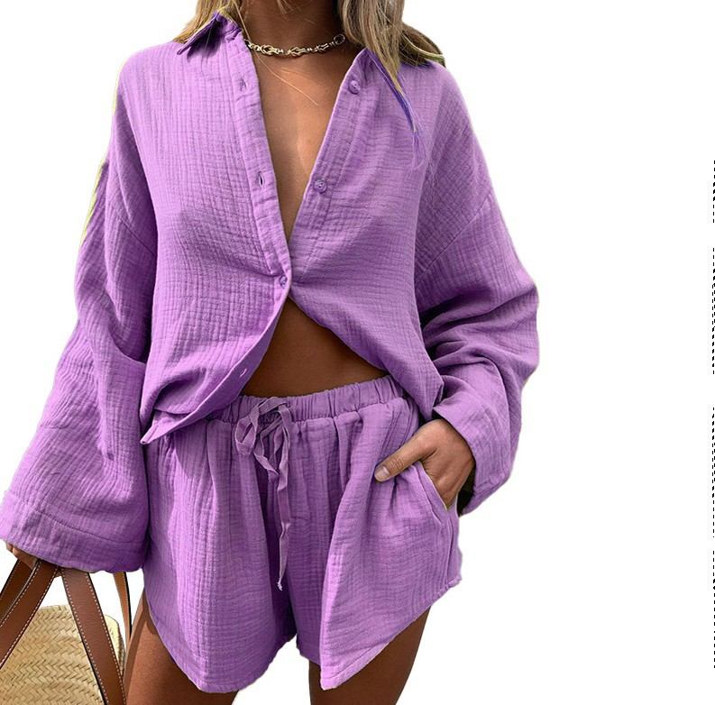 Casual Fashion Cotton and Linen Shirts and Shorts Suits for Women_voghion.com