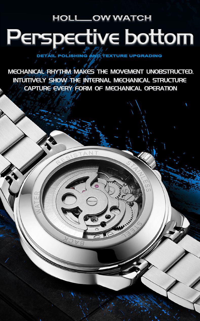 Orologio meccanico scheletrato automatico da uomo con lancette luminose, cinturino in acciaio inossidabile, quadrante rotondo da 42 mm, resistente all'acqua fino a 30 m, completamente automatico_voghion.com