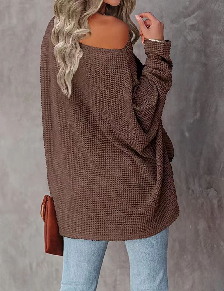Lässige, schulterfreie Oberteile aus Waffelstrick für Damen in Übergröße. Strickwaren in zehn Größen für Damen_voghion.com