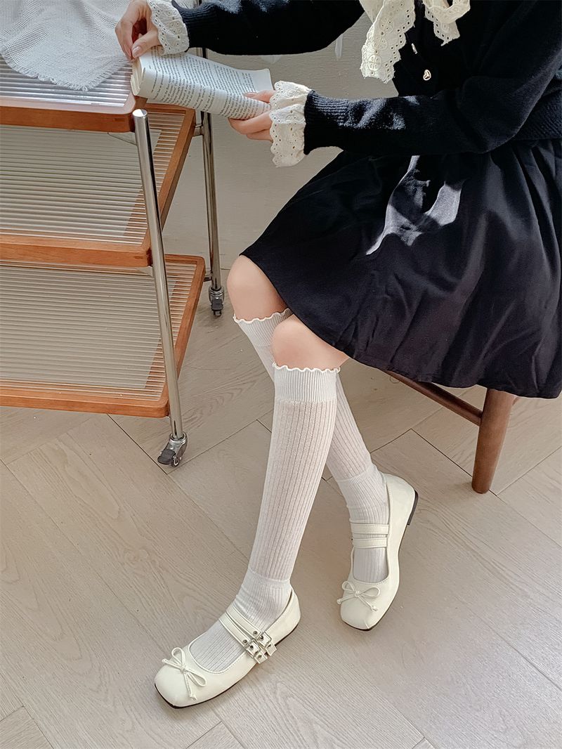 Spring And Summer Bamboo Cotton Calf For Children, Miu Style Wind Wood Ear Hollow Mesh Legs Shaping Women's Pile Socks_voghion.com