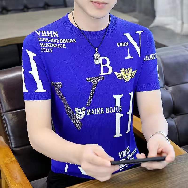 Men's Summer 2023 New Ice Silk Short-sleeved T-shirt Fashionable Brand Fashionable Half-sleeved T-shirt Loose Round Neck Top Clothes for Men_voghion.com