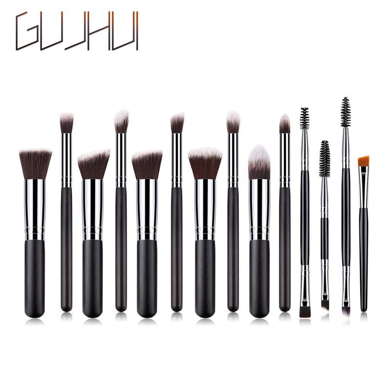 14-piece makeup brush set, black and silver, five big and five small, double-headed eyelash brush, makeup tools GUJHUI_voghion.com