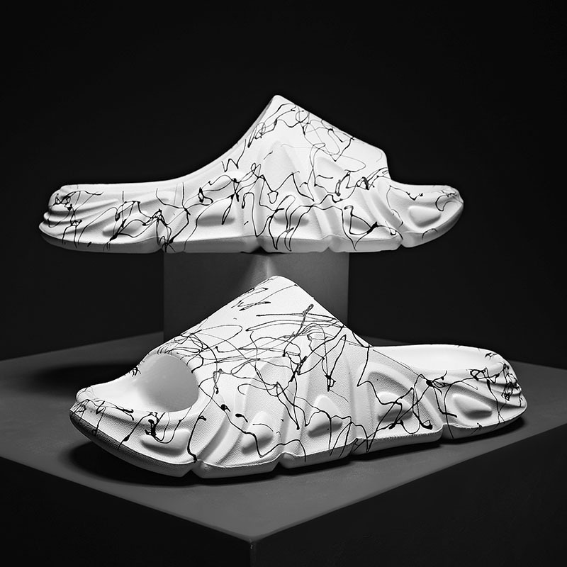 Pantofole da uomo estive, con due linee, stile bocca di pesce e graffiti, alla moda, da indossare all'aperto._voghion.com