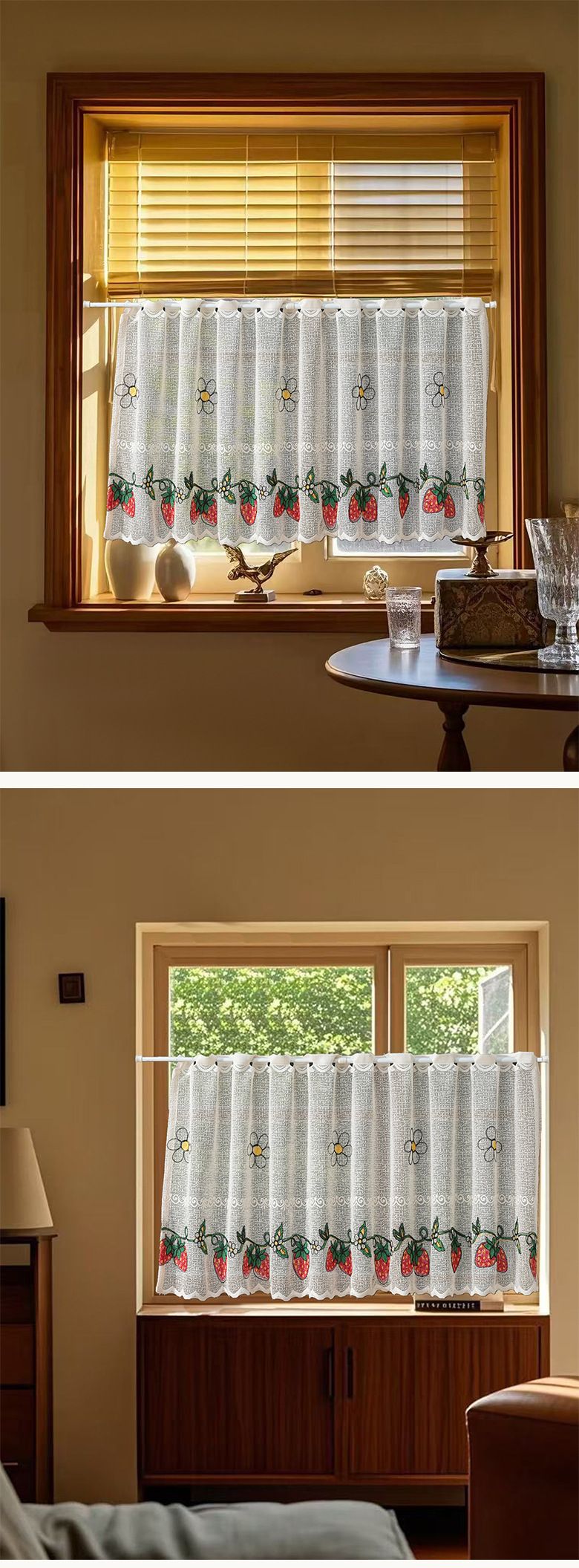 Lemon & Strawberry Embroidery Sheer Curtains - No Drill Cafe Curtains, 100% Polyester, Light Filtering & Dustproof Tier Curtains_voghion.com