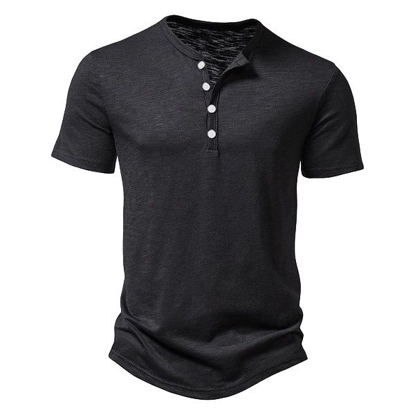 Maglietta a maniche corte slim tinta unita casual da uomo, con nodo in bambù e fibbia Henry, estate 2025, di qualità imbattibile._voghion.com