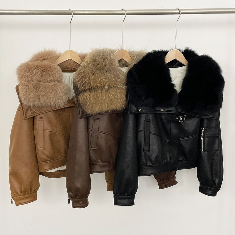 Women's Short Faux Suede Jacket With Real Fox Fur Collar, Winter Warm Coat With Down Lining, Korean Style Casual Outerwear_voghion.com