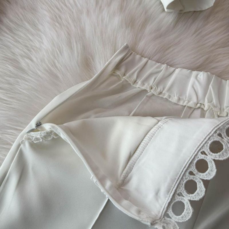 Abbigliamento da donna in stile palazzo retrò, lanterna, maniche lunghe, colletto alto, top in pizzo cavo, due pezzi, pantaloni professionali a vita alta_voghion.com