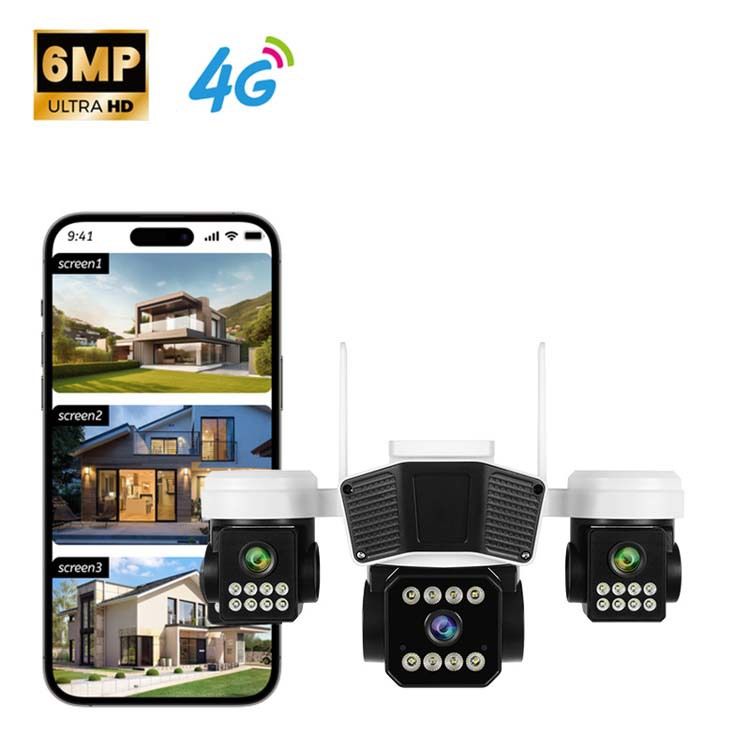 Triple-Lens WiFi Security Camera With 6MP HD, Smart Night Vision, 360° Panoramic View, IP66 Weatherproof For Outdoor Surveillance_voghion.com