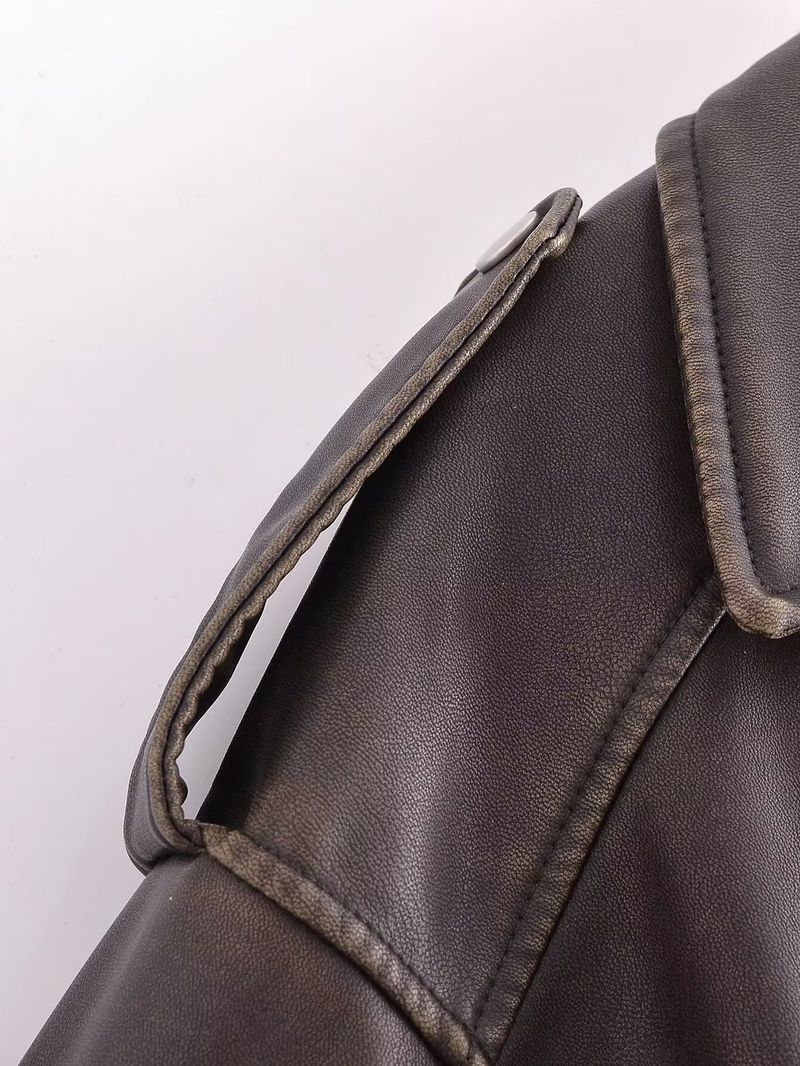 Damen-Bikerjacke aus Kunstleder – Slim Fit Kurzmantel mit Gürtel, V-Ausschnitt, langen Ärmeln (Weiß, Schwarz, Grau, Armeegrün, Dunkelbraun)_voghion.com