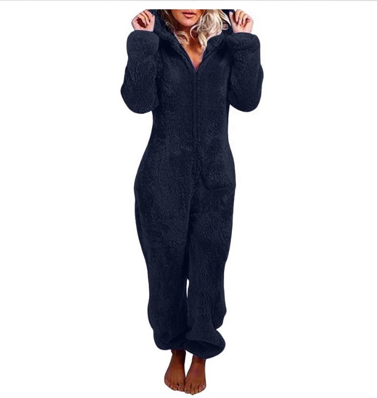 Women's Autumn And Winter Fleece Thickened Fluffy Jumpsuit Home Hooded Bear Pajamas_voghion.com