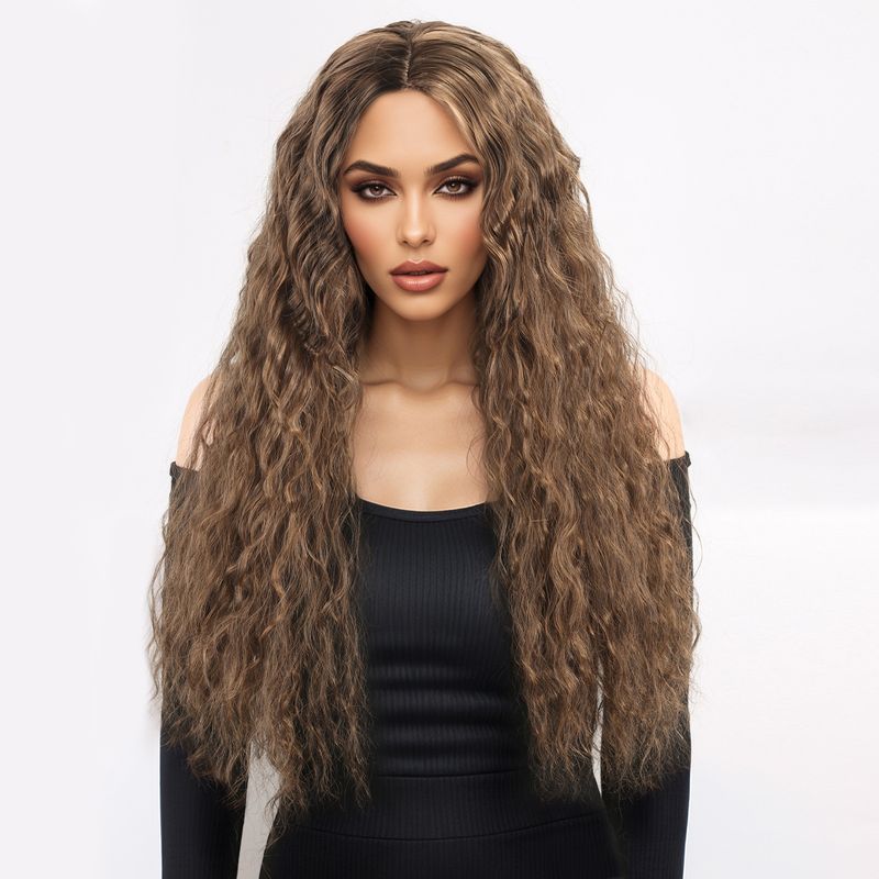 Parrucca con extension per capelli, nuova parrucca per donna, capelli neri ricci alla moda, ondulati, ricci di mais, riga centrale, frangia, copricapo completo._voghion.com