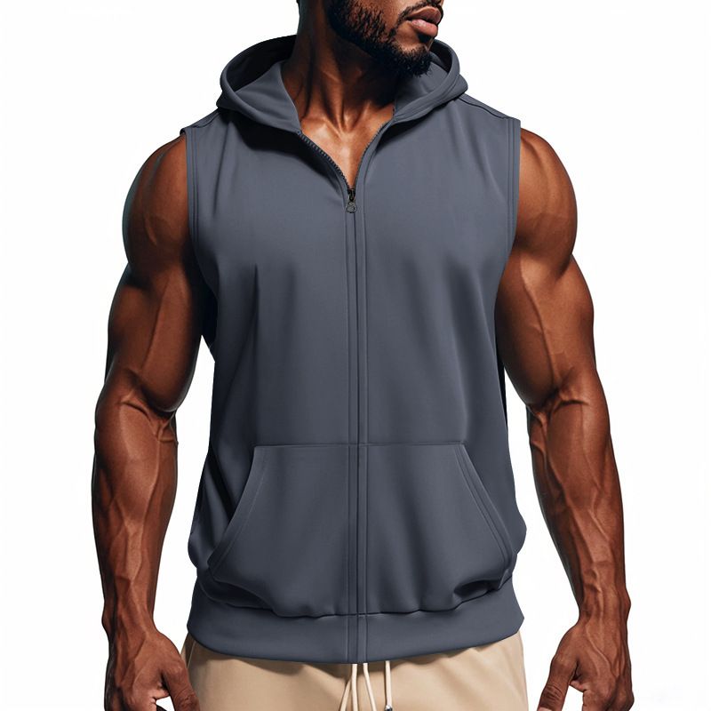 Herren Sommer Unterhemd mit Kapuze Sport Fitness Training Reißverschluss Strickjacke Ärmellose Weste Tops_voghion.com