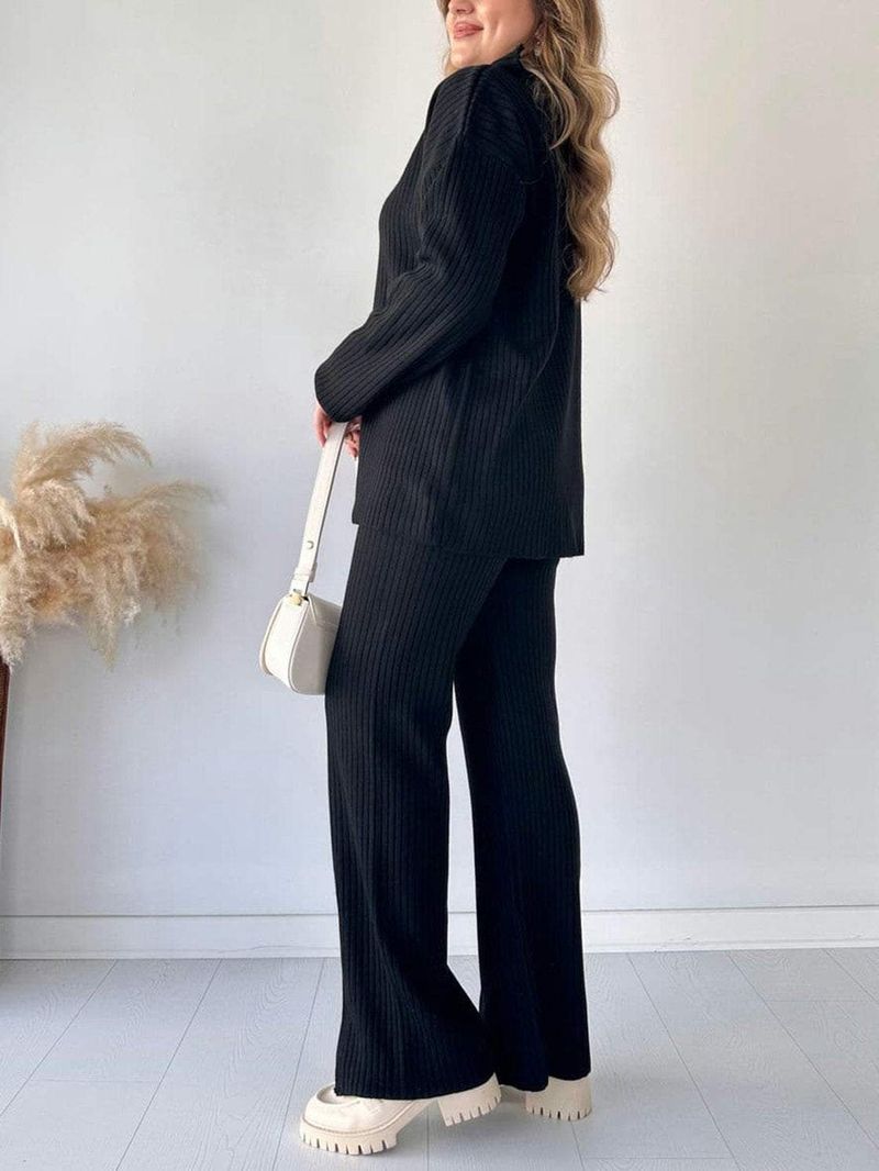 New Women's Solid Color Zipper Knitted Suit High Collar Ribbed Two-piece Suit_voghion.com