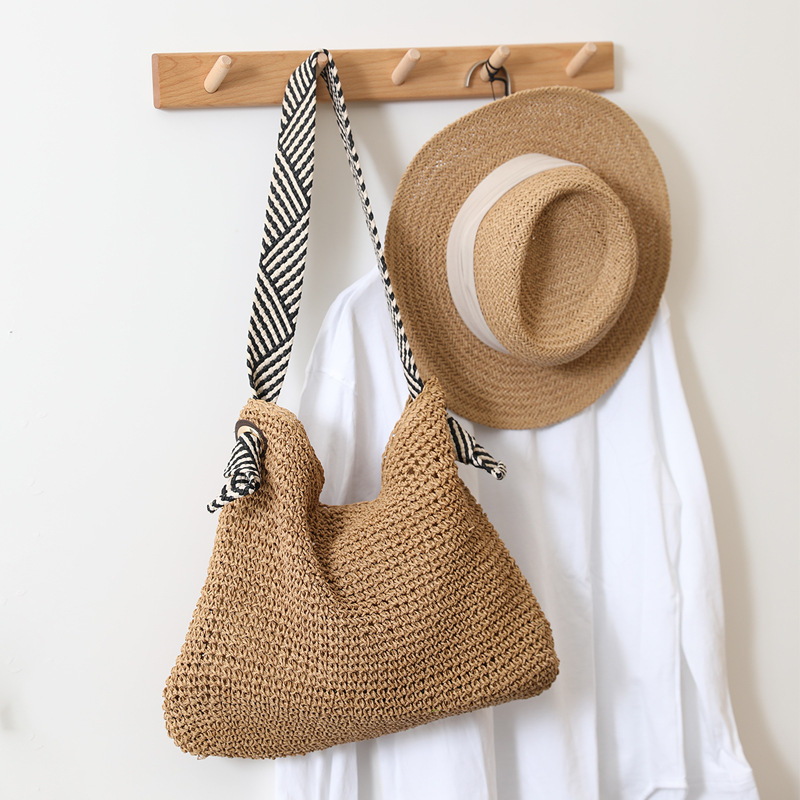 Borsa da spiaggia versatile per le vacanze da donna, realizzata a mano in stile navy coreano INS, 2024, in paglia, con una sola spalla, intrecciata_voghion.com