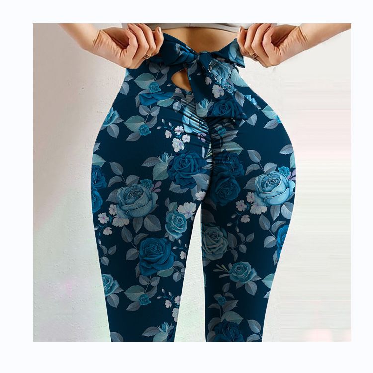 Pantaloni da yoga da yoga da donna con stampa multicolore antirughe sull'anca, dimagranti a vita alta, con fiocco elasticizzato_voghion.com