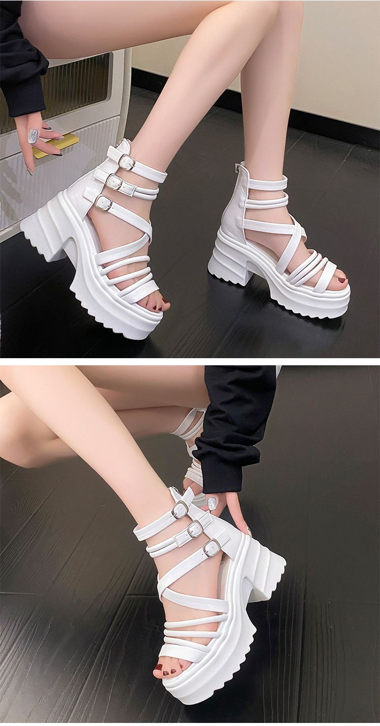 Sandale damă cu toc gros, stil gladiator roman, cu barete și toc înalt, platformă gotică, vârful deschis, pantofi cu cage_voghion.com