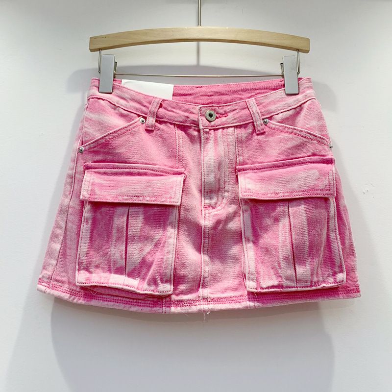 Falda vaquera de trabajo con bolsillo personalizada para mujer, nuevo estilo en rosa primaveral, cintura alta, antiedad, versátil, ajustada a la cadera._voghion.com