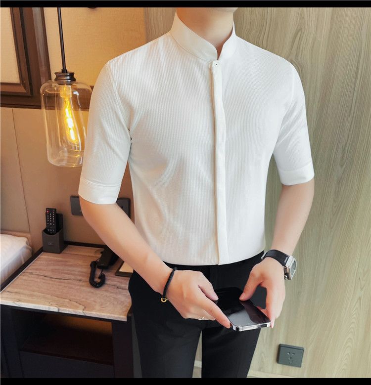 Douyin fornisce camicie da uomo a maniche lunghe, slim fit, con colletto alto, a maniche lunghe, con bottoni nascosti, nuove camicie estive._voghion.com