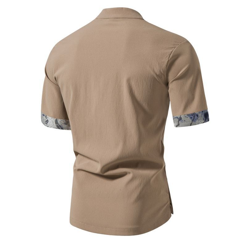 Moška srajca iz bombaža in lanu z novimi gumbi za prosti čas in s stoječim ovratnikom s kratkimi rokavi, moška oblačila_voghion.com