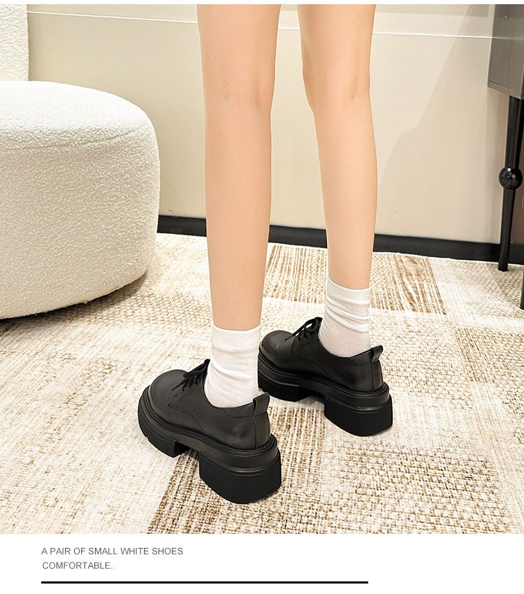 2024 New British style thickened leather muffin bottom polished colorful front lace-up single shoes small size_voghion.com