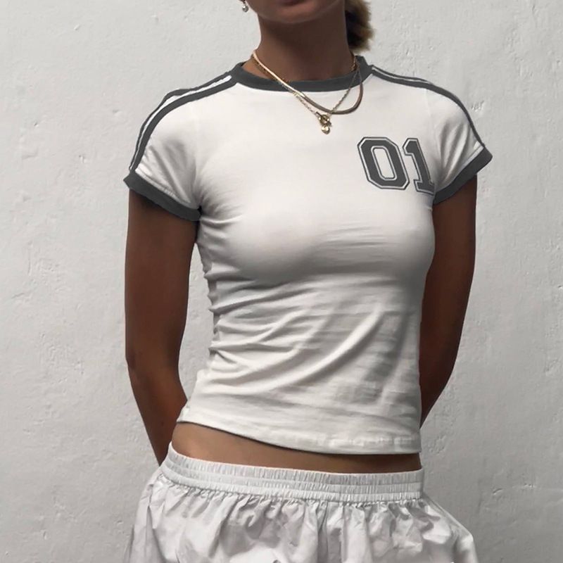 T-shirt da donna in stile retrò americano, vestibilità slim, girocollo, manica lunga, stampa a righe – Tessuto in maglia confortevole con design a blocchi di colore_voghion.com