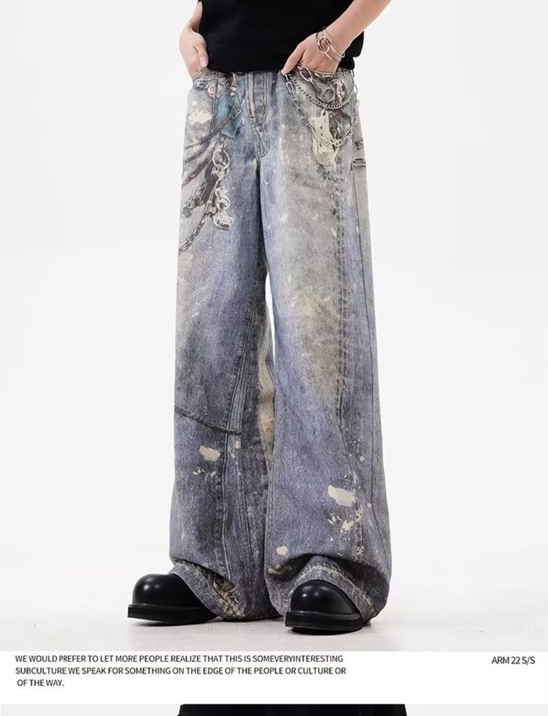 Erkek Giyim Retro Eski Atık Tarzı 3D Baskılı Vintage Eskitilmiş Baskılı Zincir Düz Paça Kot Pantolon - Rahat Kesim, Konforlu ve Şık_voghion.com