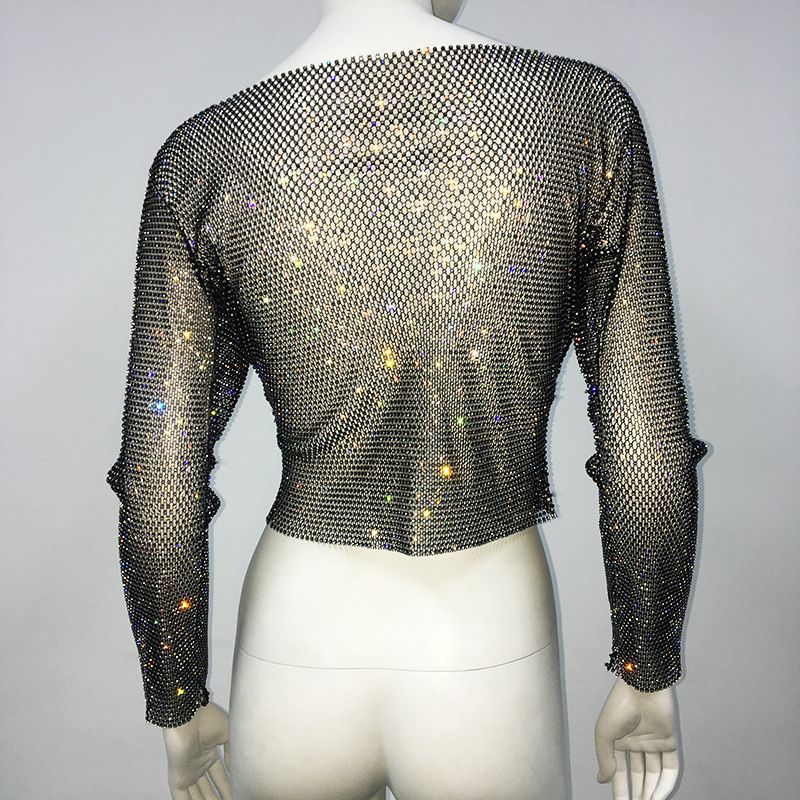 Maglietta da pesca con strass, a maniche lunghe, girocollo, leggera e di lusso, da donna, con look scintillante, alla moda e di tendenza._voghion.com