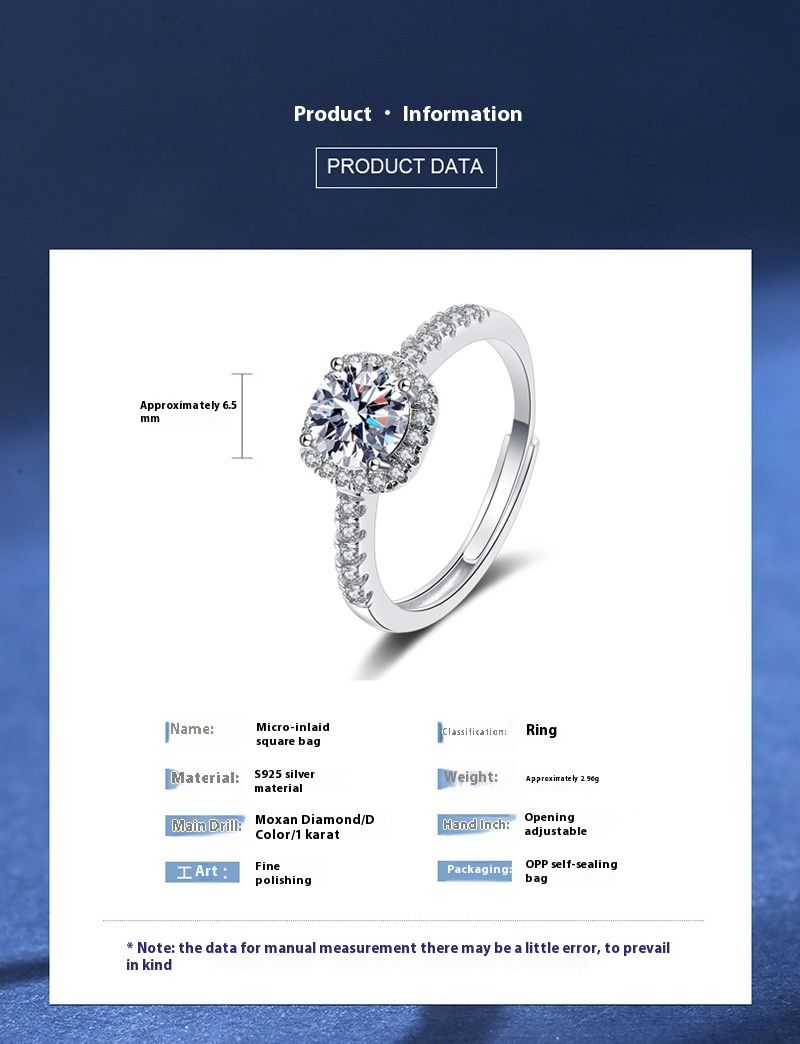 Mosang Ring Women's D Color 1 Carat Micro Set Square Bag High Carbon Stone S Silver Plated Platinum Couple Adjustable_voghion.com