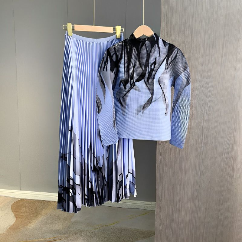 Ensemble élégant avec robe plissée et motif ondulé - Tenue deux pièces élégante pour femme, tenue de bureau et tenue décontractée_voghion.com
