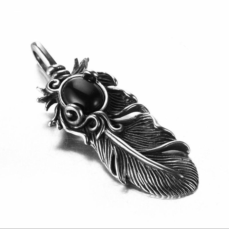 Collana da uomo in acciaio inossidabile con ciondolo a forma di piuma in turchese e onice simulato, regalo per la festa del papà_voghion.com