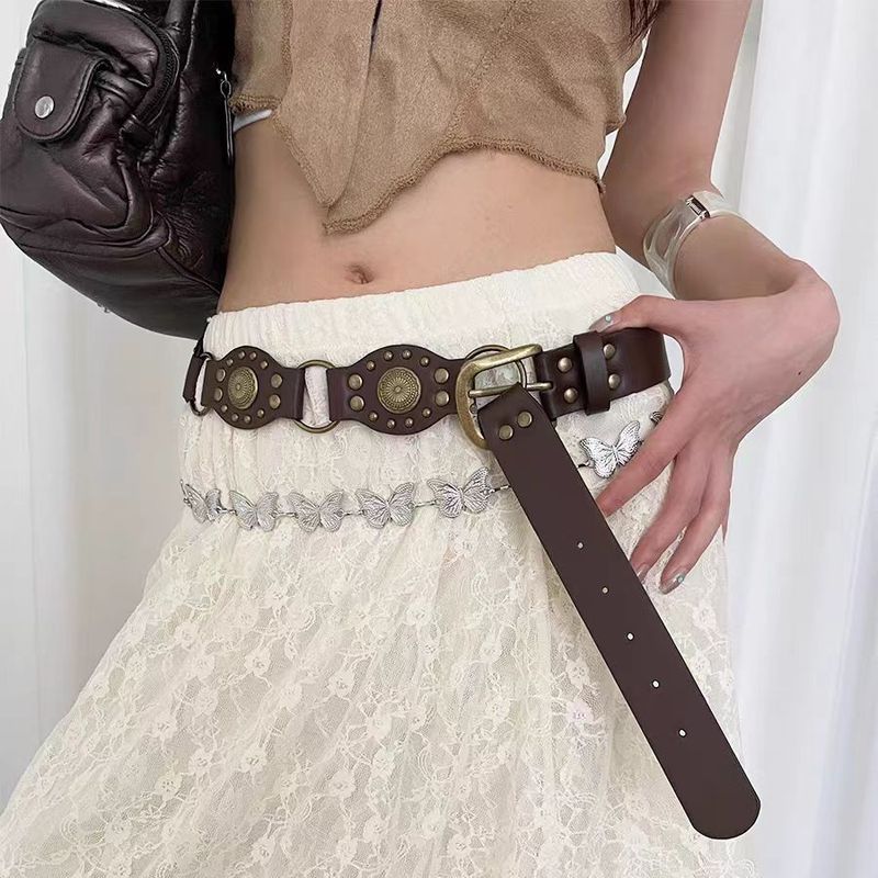 Böhmische Schnalle für Damen mit Nieten, neuer brauner Gürtel passend zu Jeans, vielseitige modische Taillenkette im koreanischen Stil_voghion.com