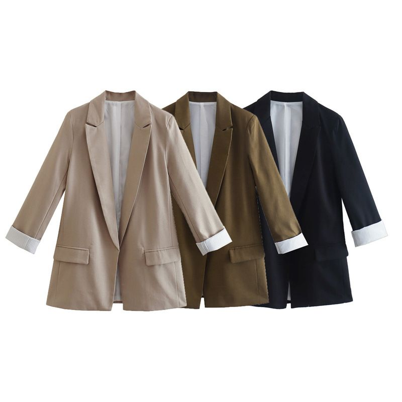 Dames herfst- en winterstijl opgerolde mouwen en casual temperament blazer opengeknoopt effen kleur forensenpak_voghion.com