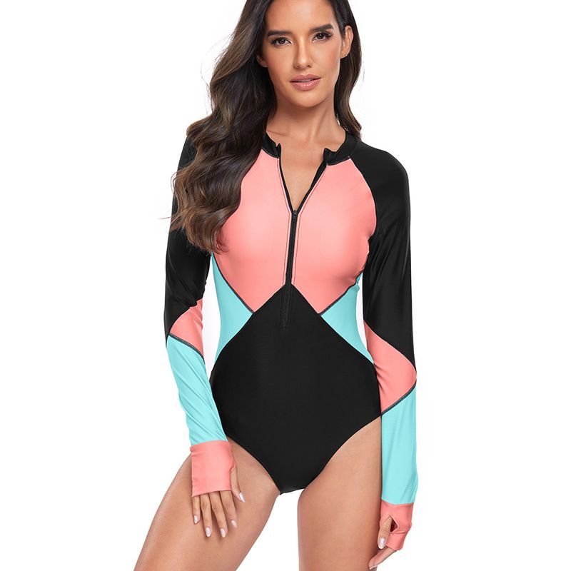 Women's Modest One-Piece Swimsuit Long Sleeve Rash Guard UPF 50+ Zip Front Swimwear With Built-in Bra – Color Block Surfing Beach Suit (S-XXL)_voghion.com