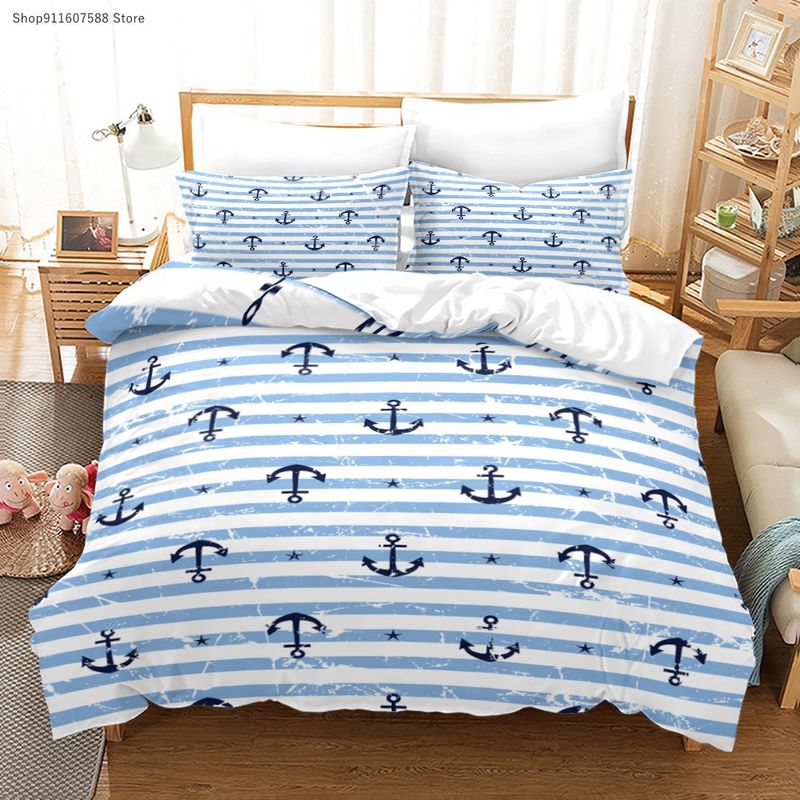 Anker und weiße Streifen 3D gedruckt Marineblau Quilt dreiteiliges Bettwäsche-Set individuell_voghion.com