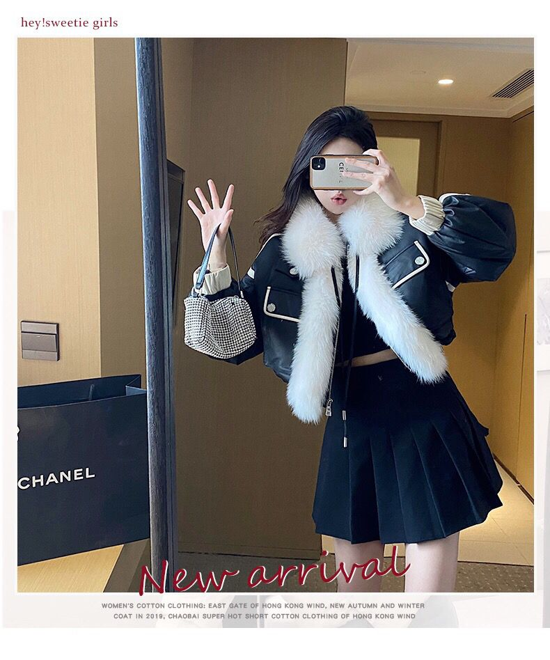 Abrigo de algodón negro para mujer, chaqueta Bomber con cuello de piel sintética ligera, Parka corta acolchada de algodón de piel sintética para invierno_voghion.com