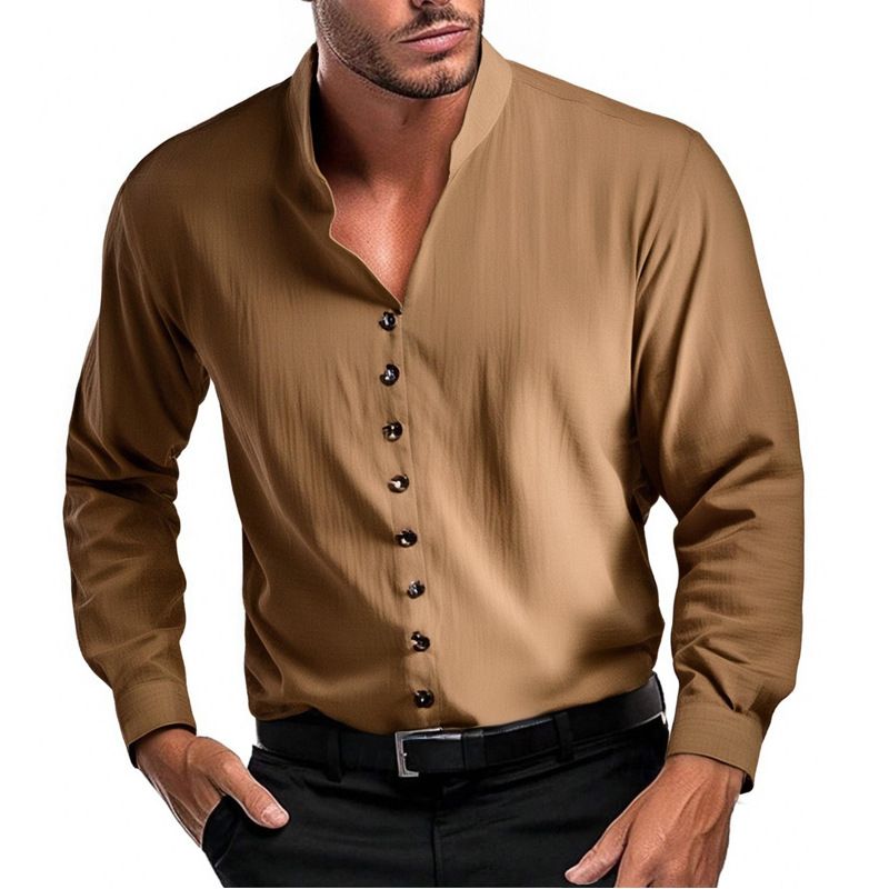 Camicia da uomo casual a maniche lunghe, tinta unita, con colletto alto, traspirante e versatile_voghion.com