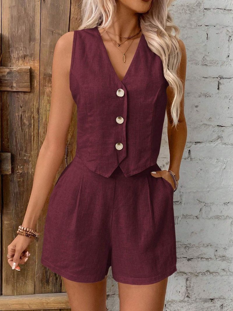 Conjunto de ropa de mujer de lino, informal, de verano, con chaleco y pantalones cortos con botones delanteros y cuello en V, ropa de otoño_voghion.com