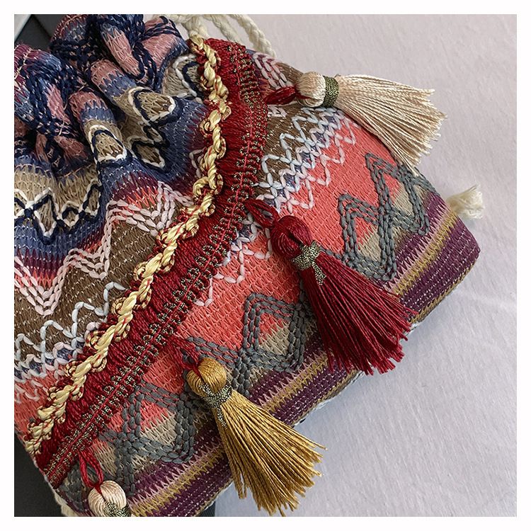 Borsa a secchiello da donna, stile etnico, borsa a tracolla con coulisse e nappa, borsa a secchiello da donna_voghion.com