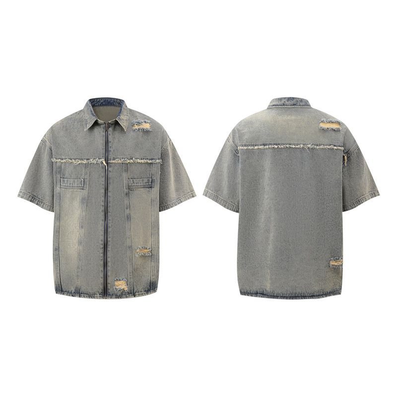 Herrenbekleidung Retro Raw Edge Distressed Ripped Denim Reißverschlussjeans Trendy Loose Casual Vielseitige Arbeitskleidung Männer und Frauen Anzüge_voghion.com