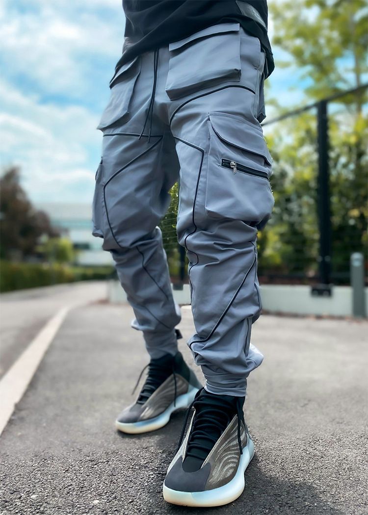 Men's casual Korean version trendy brand plus size straight leg work men's personalized multi pocket reflective sports_voghion.com