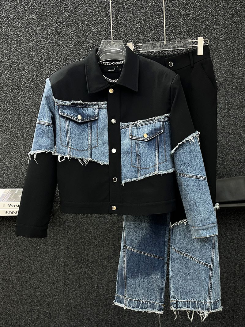 Denim-Paneled Jacket & Pants Set – Men’s Oversized Streetwear Two-Piece (M-XL) – Korean-Inspired Casual Outfit_voghion.com