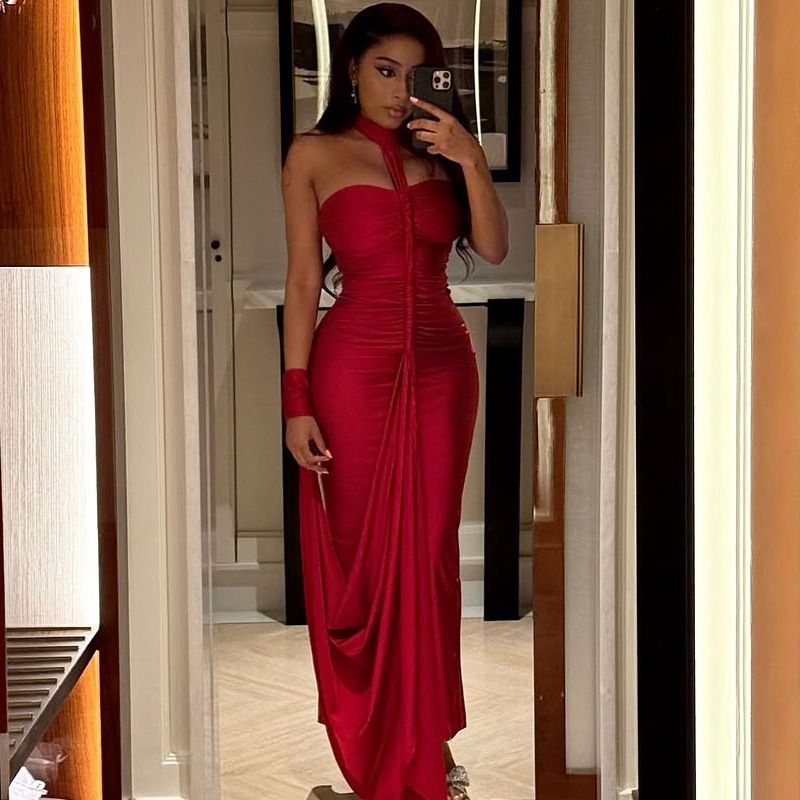 Damenbekleidung, einfarbig, temperamentvoll, elegant, rückenfrei, Wickelkorsett, figurbetontes Kleid mit Rüschen, One-Shoulder-Ausschnitt für Party- und Abendgarderobe_voghion.com